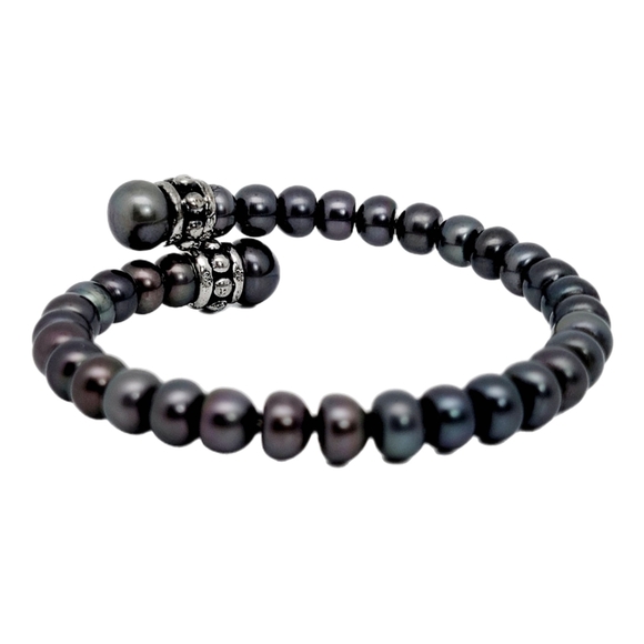 Honora Peacock Grey Natural Pearl Coil Cuff Sterling Silver Beads - Picture 3 of 9